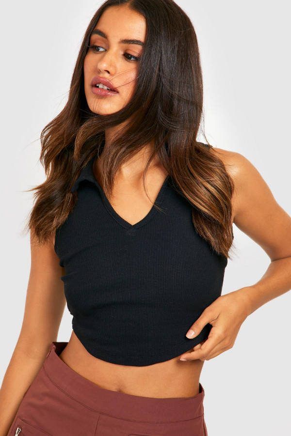 boohoo Mouwloze Geribbelde Corset Top Met Kraag, Black