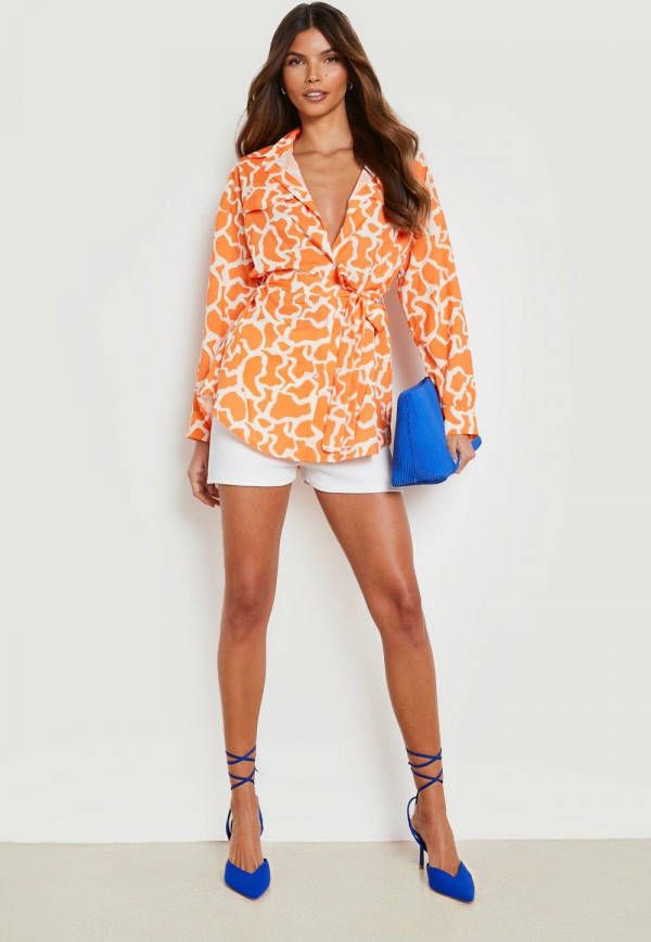 boohoo Oversized Abstracte Blouse Met Ceintuur, Orange