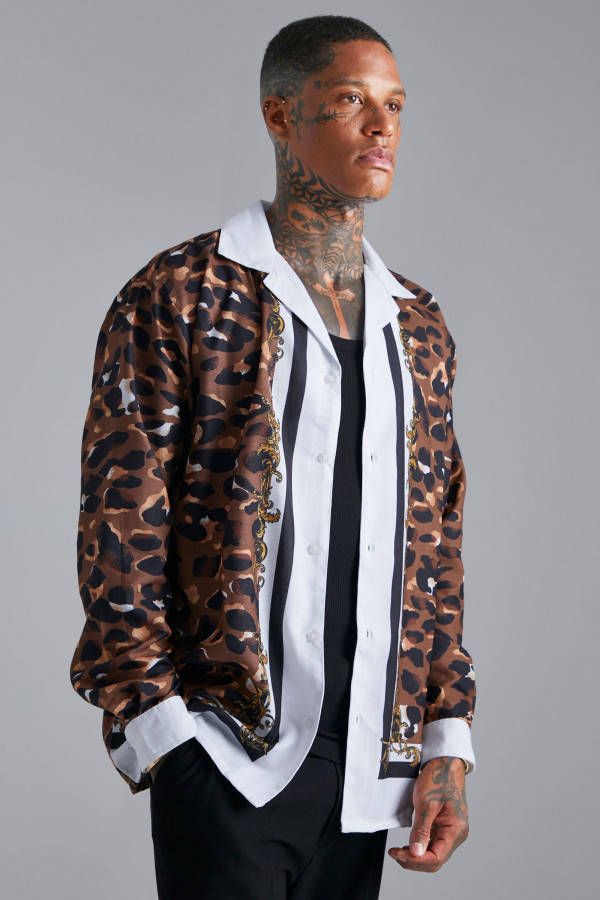 boohoo Oversized Dierenprint Slub Overhemd Met Lange Mouwen, Multi