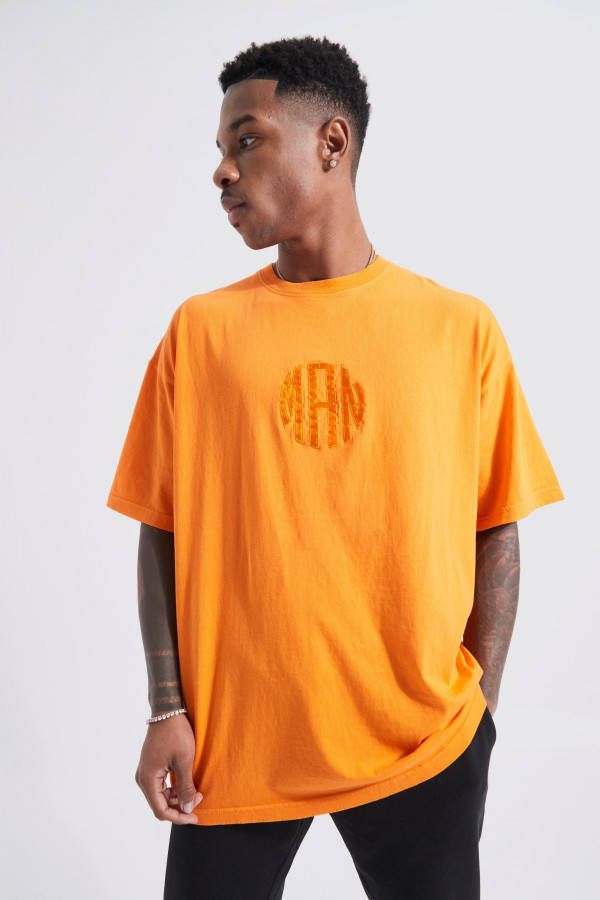 boohoo Oversized Gebleekt Man T Shirt Met Rugborduursel, Orange
