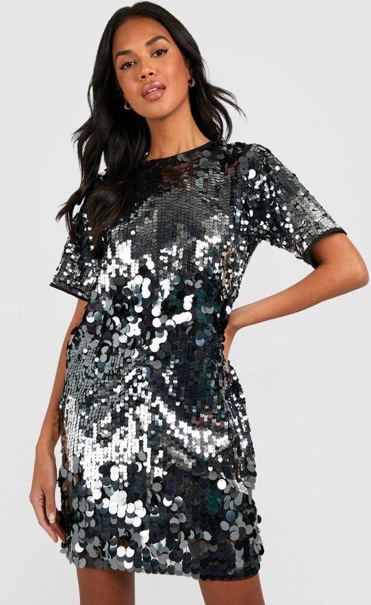 boohoo Oversized Glitter T Shirt Jurk Met Pailletten, Silver