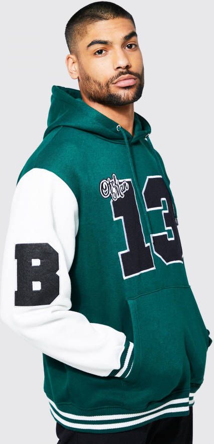 boohoo Oversized Ofcl Man Applique Varsity Hoodie, Forest