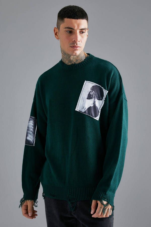 boohoo Oversized Versleten Trui Met Foto, Forest