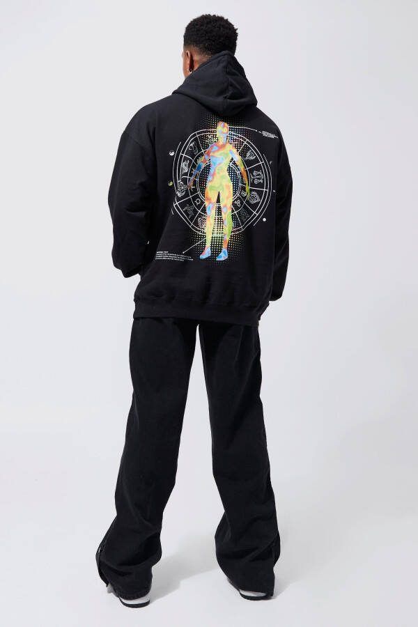 boohoo Oversized Zodiac Hoodie Met Print, Black