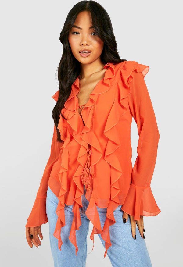 boohoo Petite Chiffon Boho Blouse Met Ruches, Orange