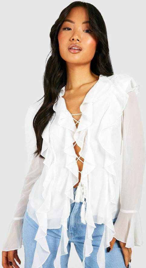 boohoo Petite Chiffon Boho Blouse Met Ruches, White