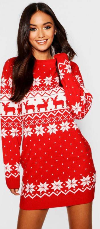 boohoo Petite Gebreide Kersttrui Jurk, Red