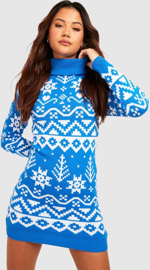 boohoo Petite Gebreide Kerst Jurk Met Col, Blue