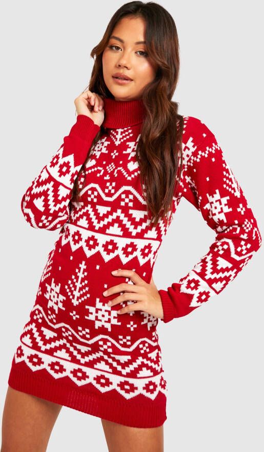boohoo Petite Gebreide Kerst Jurk Met Col, Red