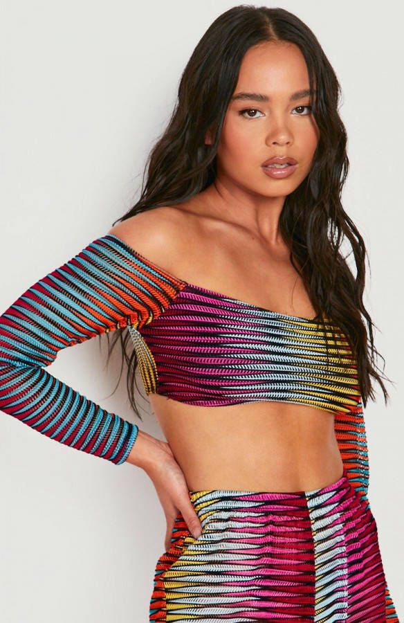 boohoo Petite Gebreide Laser Cut Off Shoulder Top Met Kwastjes, Multi