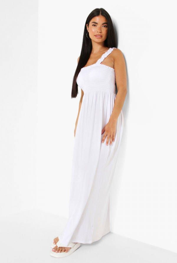 boohoo Petite Geplooide Maxi Jurk Met Bandjes, White