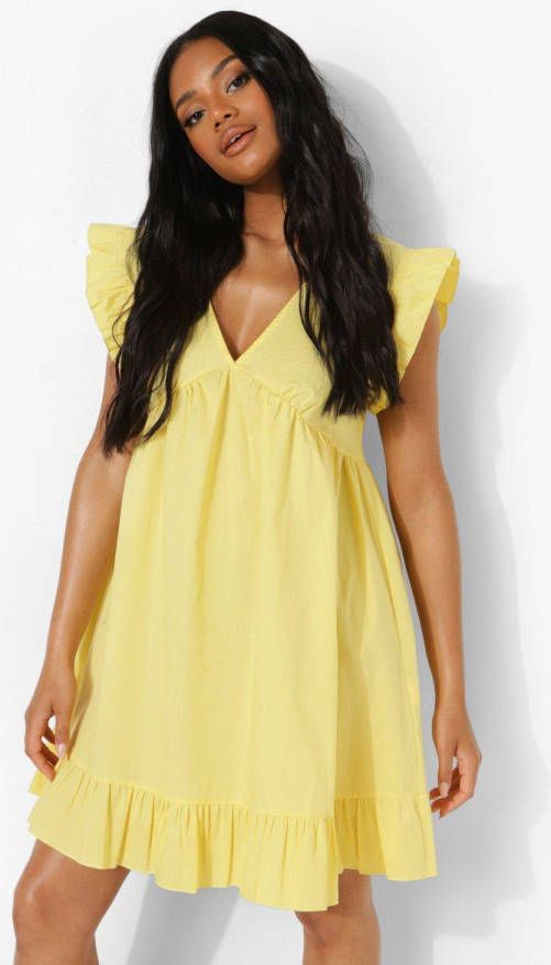 boohoo Petite Gesmokte Jurk Met Ruches, Yellow
