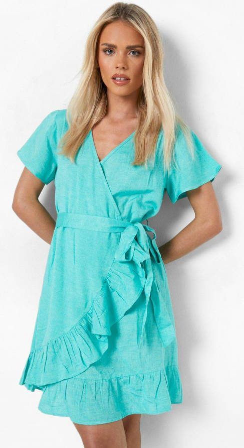 boohoo Petite Retro Wikkel Jurk Met Ruches, Turquoise