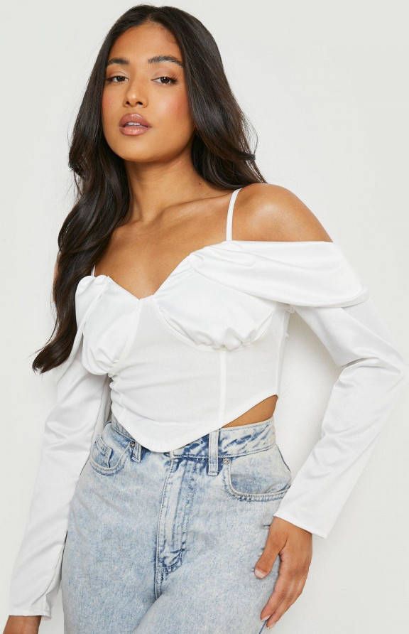 boohoo Petite Satijnen Korset Top Met Gedrapeerde Schouders, White