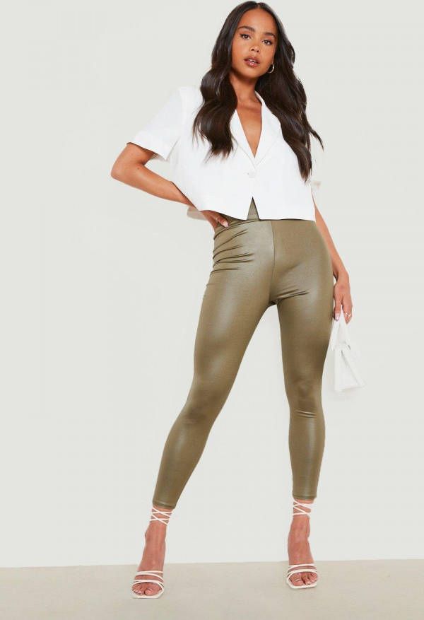 boohoo Petite Wet Look Leggings Met Strakke Taille, Khaki
