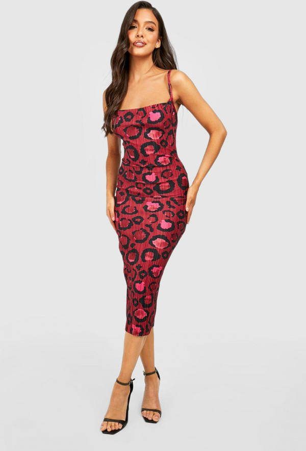 boohoo Plisse Luipaardprint Jurk Met Waterval Hals, Pink