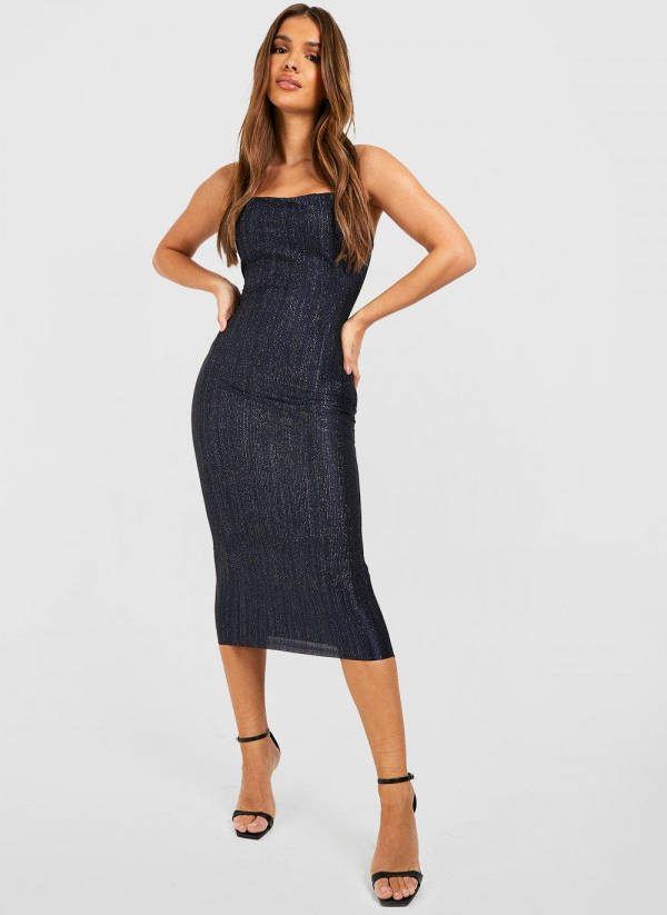 boohoo Plisse Metallic Jurk Met Waterval Hals, Blue