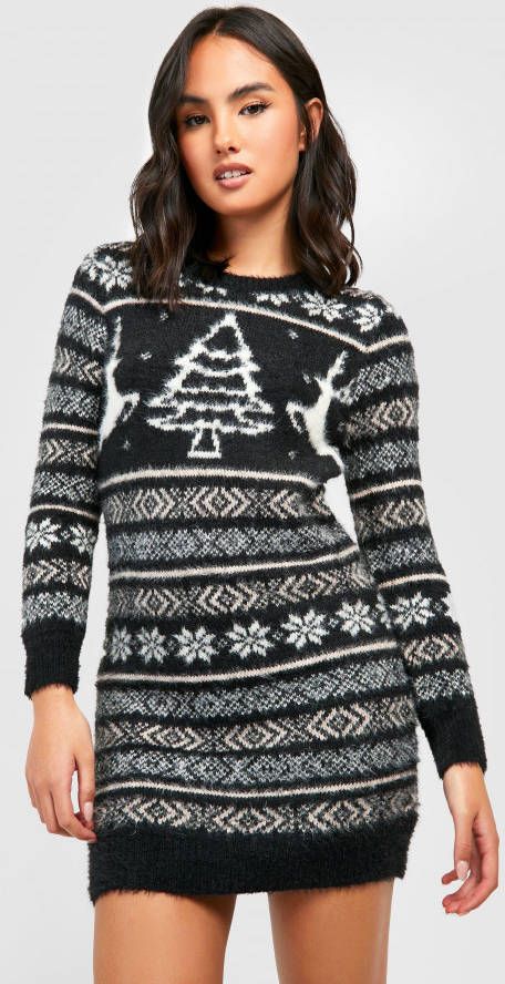 boohoo Pluizige Gebreide Kersttrui Jurk, Black