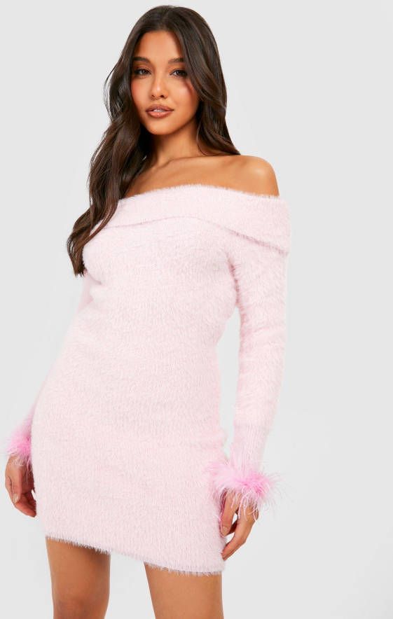 boohoo Pluizige Kersttrui Jurk Met Veren, Pink