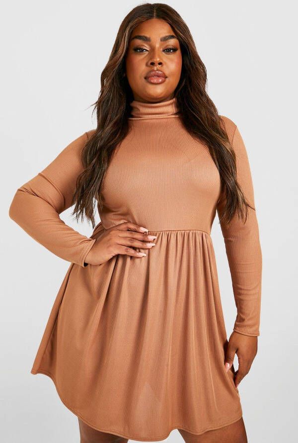 boohoo Plus Basic Geribbelde Skater Jurk Met Col, Mustard