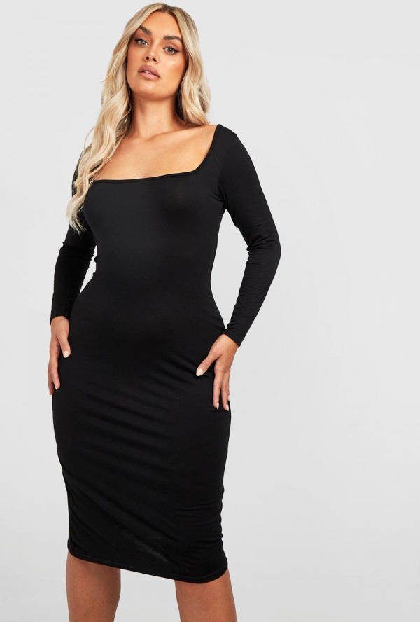 boohoo Plus Basic Midi Jurk Met Vierkante Hals, Black