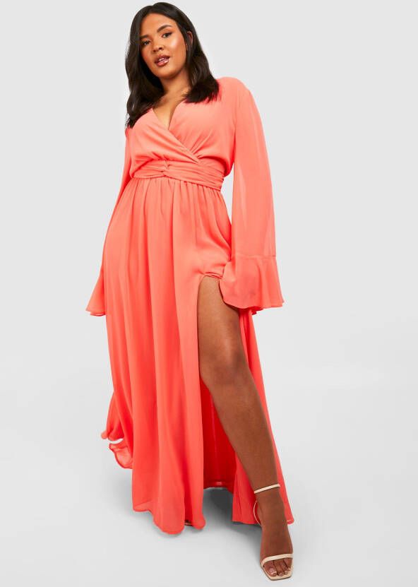 boohoo Plus Chiffon Maxi Jurk Met Wijde Mouwen, Orange