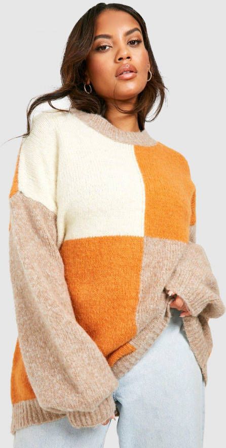 boohoo Plus Gebreide Pluizige Color Block Trui, Orange