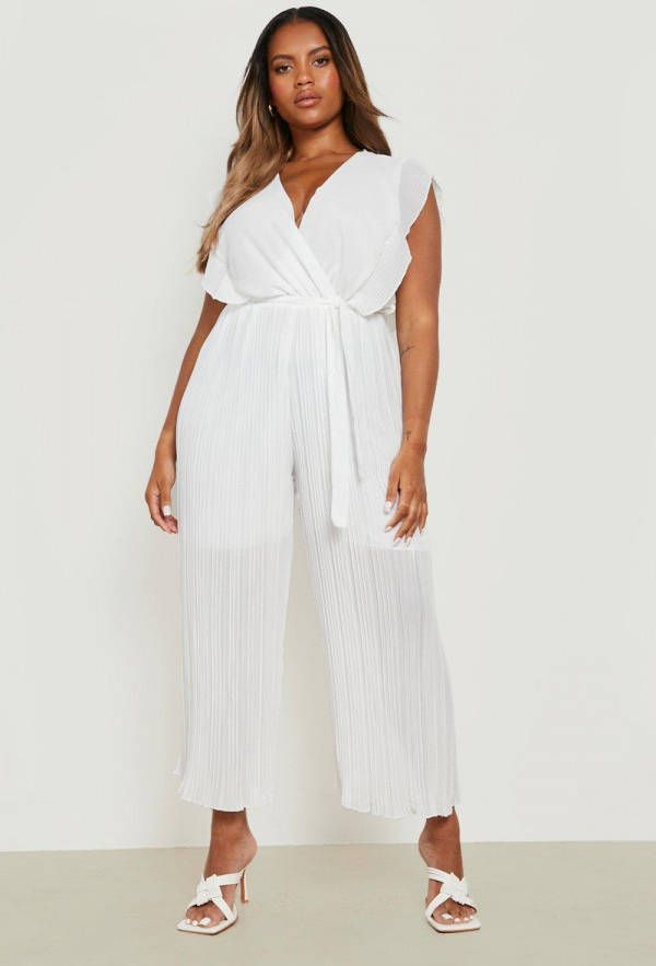 boohoo Plus Geplooide Jumpsuit Met Geplooide Mouwen En Ceintuur, Ivory