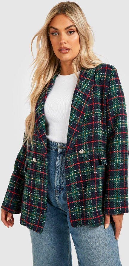 boohoo Plus Geruite Bouclé, Blazer Met Dubbele Knopen, Black