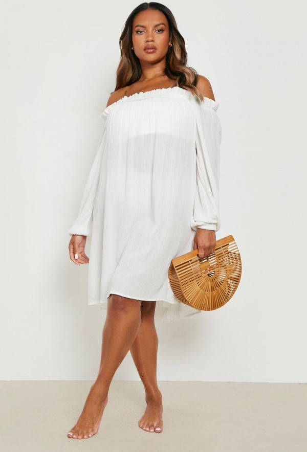 boohoo Plus Kaasdoek Off Shoulder Strand Jurk, White