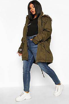 boohoo Plus Parka Jas Met Capuchon Met Faux Fur Zoom, Khaki