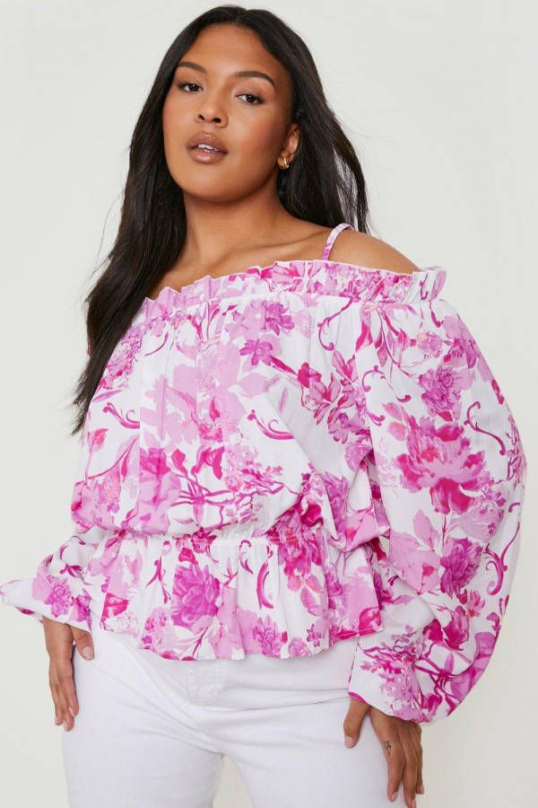 boohoo Plus Porselein Print Off Shoulder Poplin Top, Pink