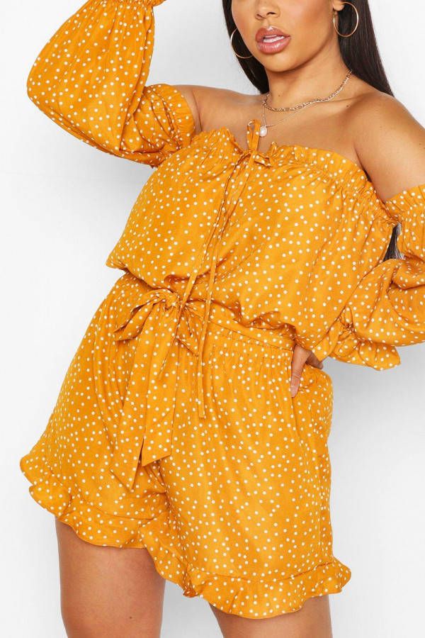 boohoo Plus Romper Met Boothals, Stippen En Ruches, Mosterd