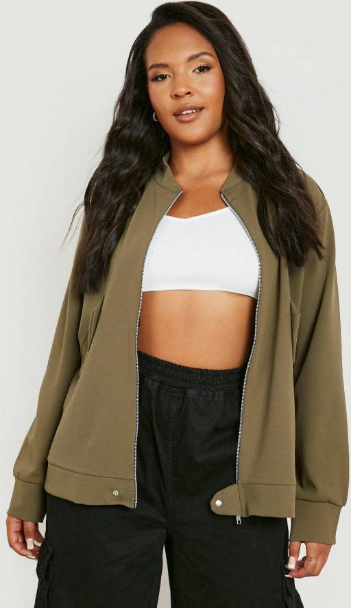 boohoo Plus Scuba Bomberjack Met Schouder Label, Khaki