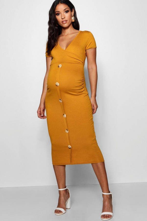boohoo Zwangerschap Midi Wikkel Jurk Met Nephoornen Knopen, Zwart