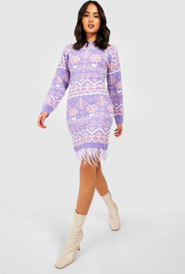 boohoo Premium Kersttrui Jurk Met Veren, Lilac