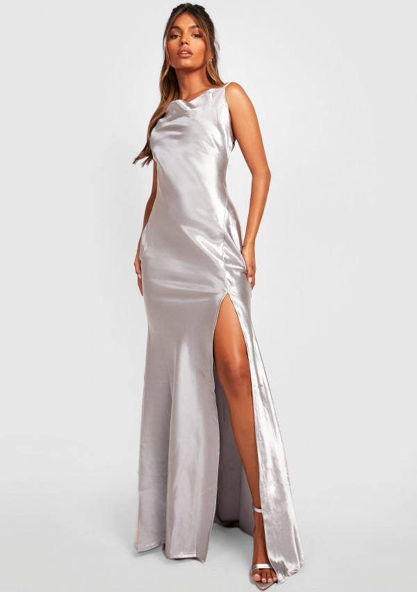 boohoo Premium Satijnen Maxi Jurk Met Waterval Hals, Grey