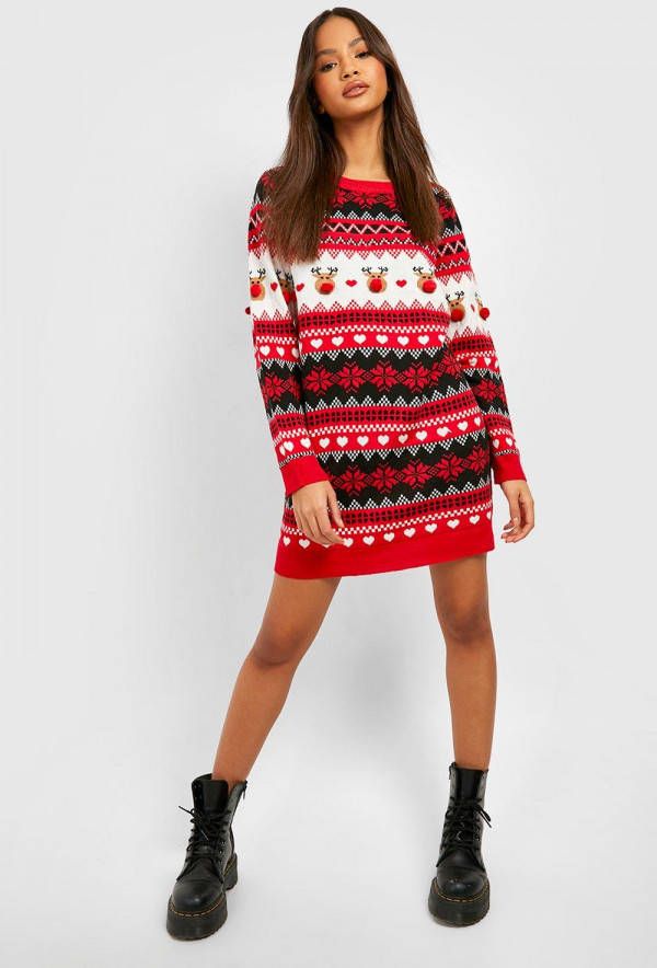 boohoo Rendier Kersttrui Jurk Met Pom Poms, Red