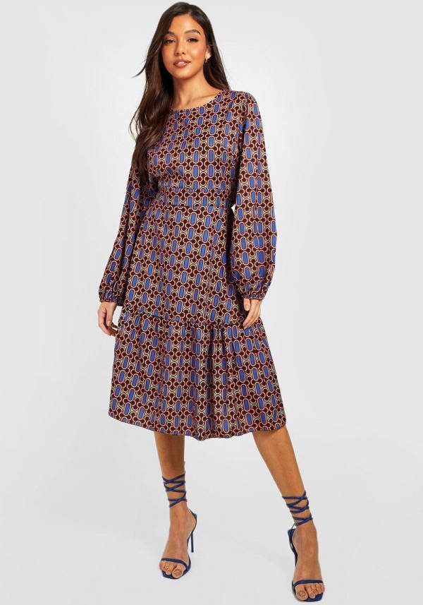 boohoo Retro Print Midi Jurk Met Geplooide Zoom, Blue
