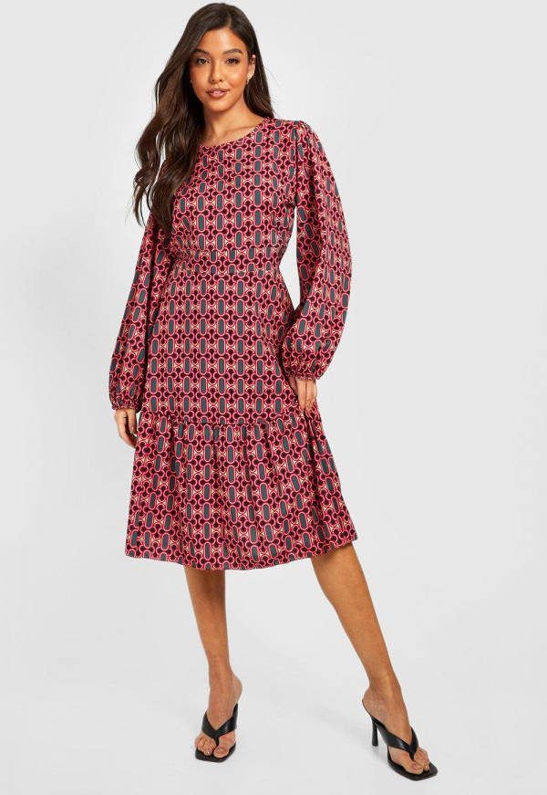 boohoo Retro Print Midi Jurk Met Geplooide Zoom, Pink