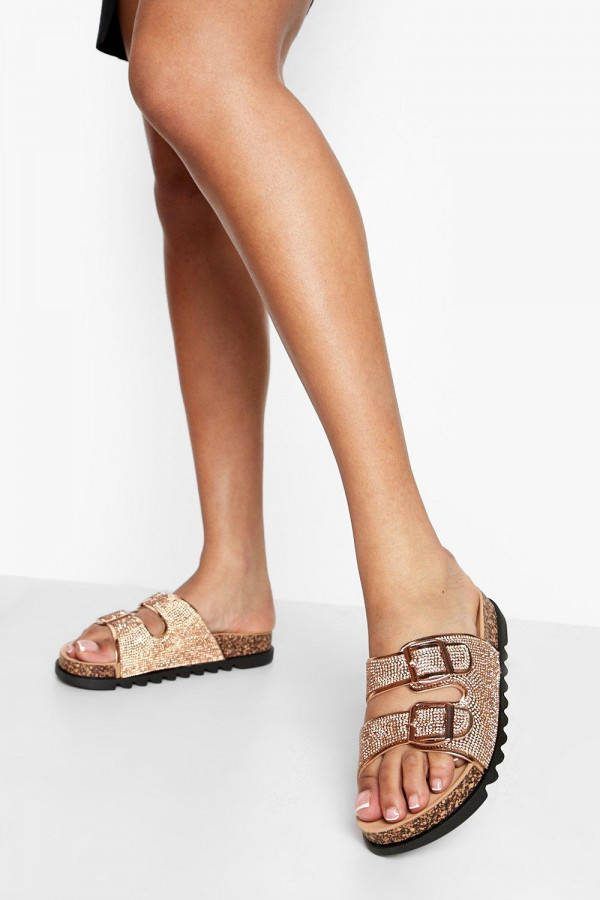 boohoo Sandalen Met Steentjes, Dubbele Gesp En Voetbed, Rose Gold