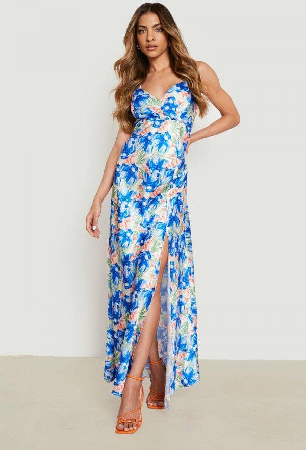 boohoo Satijnen Bloemen Maxi Jurk, Blue