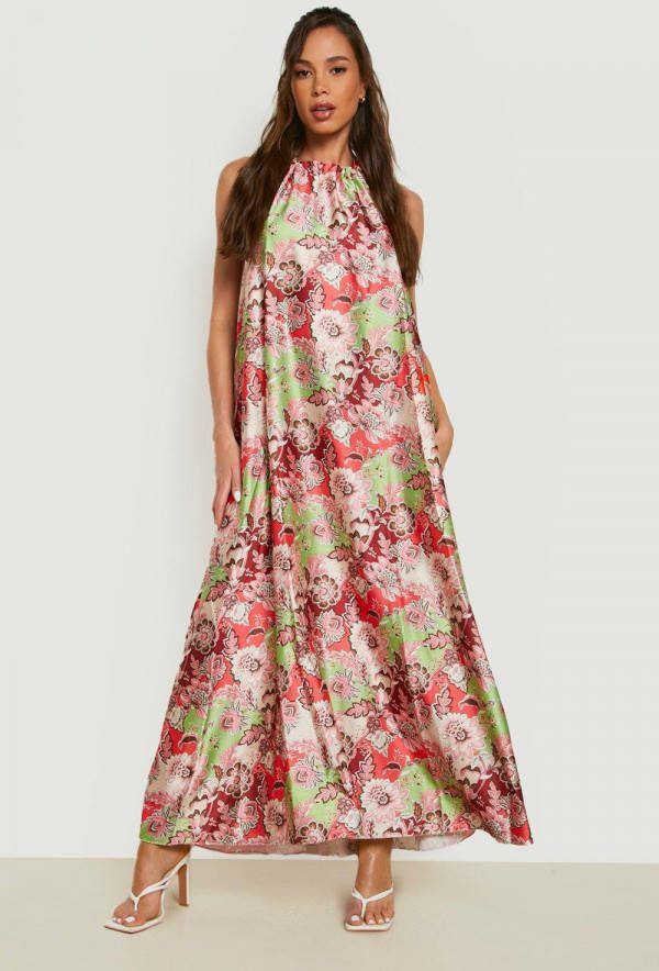 boohoo Satijnen Bloemen Maxi Jurk Met Ceintuur, Pink