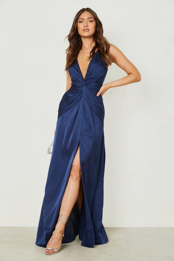 boohoo Satijnen Gedraaide Maxi Jurk Met Split, Navy