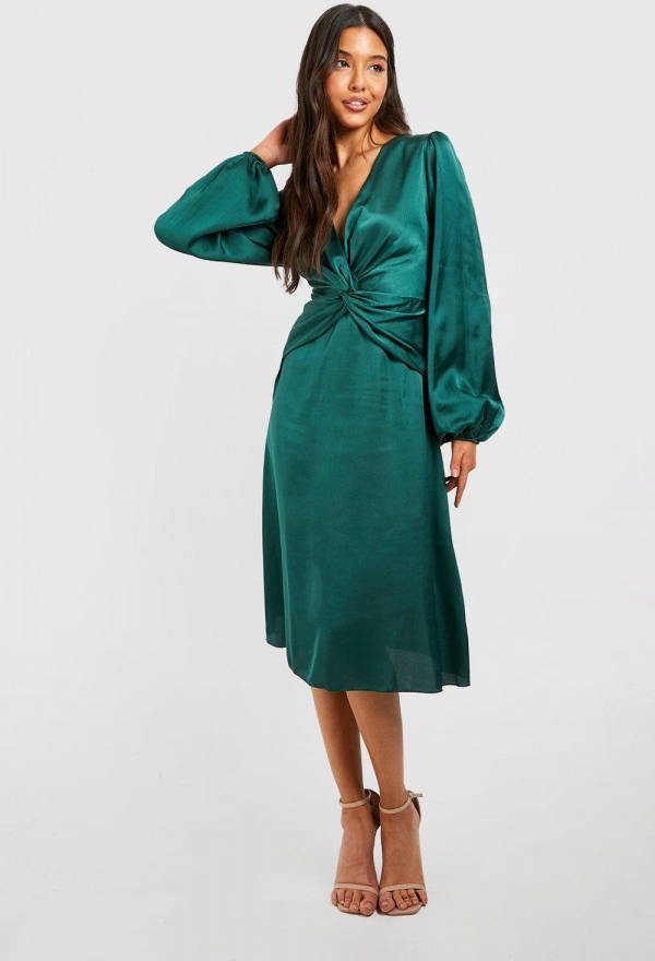 boohoo Satijnen Gedraaide Midi Skater Jurk, Teal