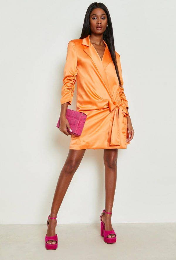 boohoo Satijnen Gedrapeerde Blazer Jurk, Orange