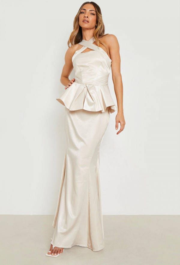 boohoo Satijnen Gekruiste Peplum Maxi Jurk, Ivory