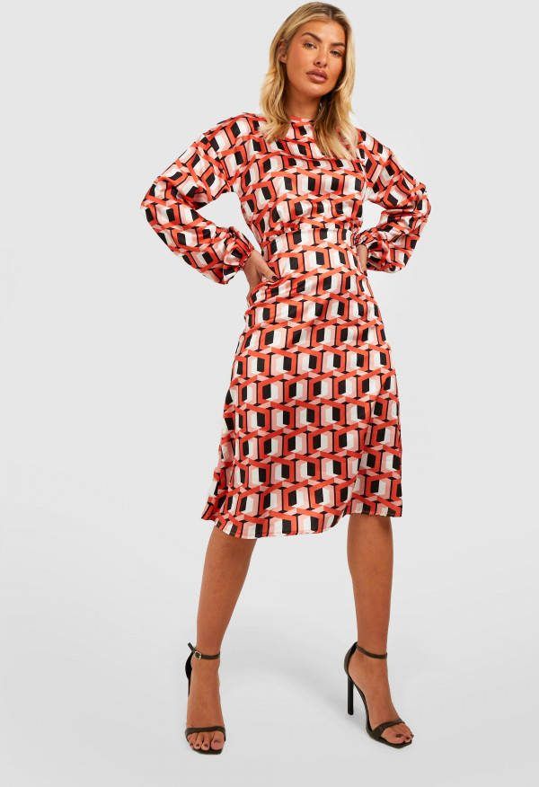 boohoo Satijnen Geo Print Midi Jurk, Orange