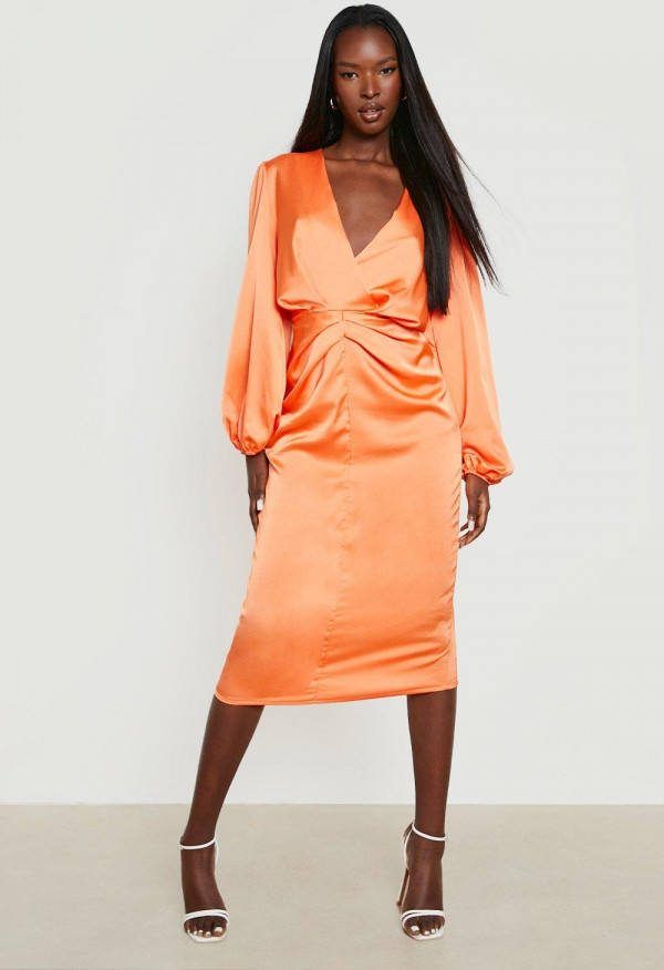 boohoo Satijnen Geplooide Midi Jurk Met Volle Mouwen, Orange