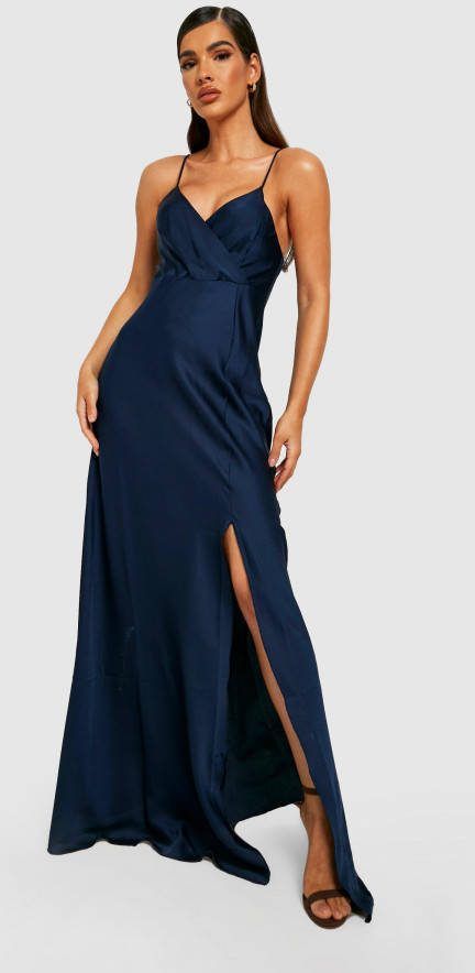 boohoo Satijnen Maxi Jurk Met Bandjes, Navy